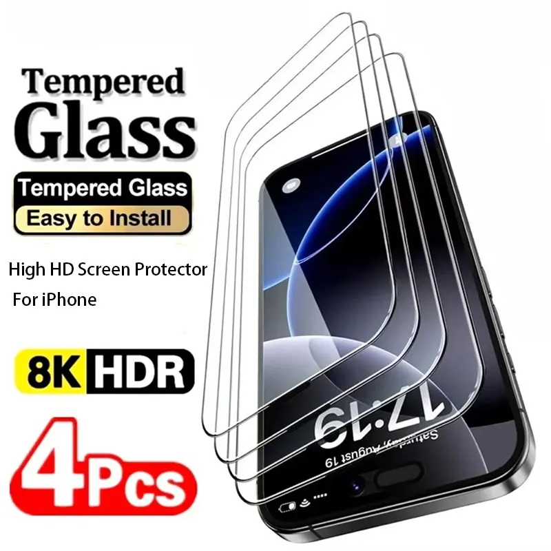 

4Pcs High Clear Screen Protector Film For iPhone 17 16 15 Pro Max 17 Air 16e 15 Plus 14 13 12 11 Pro 9H Hardness Tempered Glass