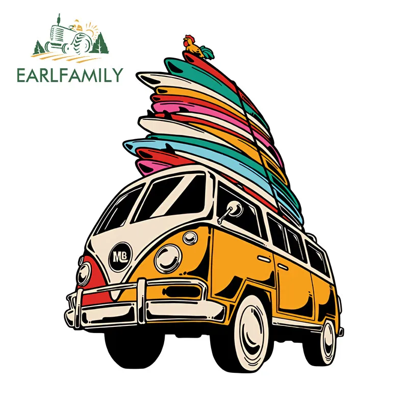 EARLFAMILY Retro Surfboard Bus Car Sticker Waterproof Sunscreen Luggage Windshield Car Label Vinyl Decals Graffiti Decoration