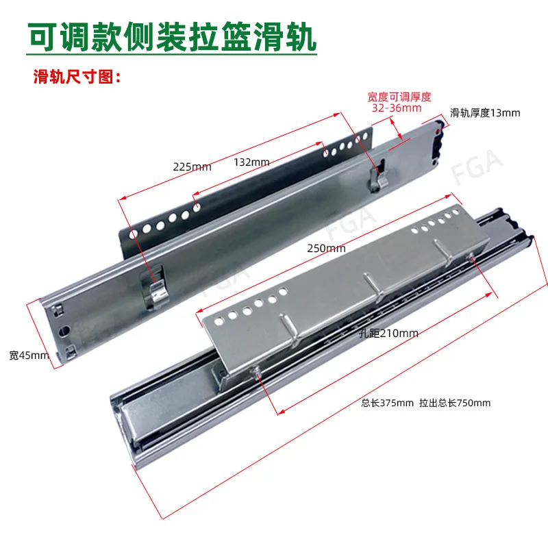 Heavy Duty Hook Mount Kitchen Basket Slide Rail Adjustable 3 Section Ball Bearing Drawer Track for Pull Out Basket