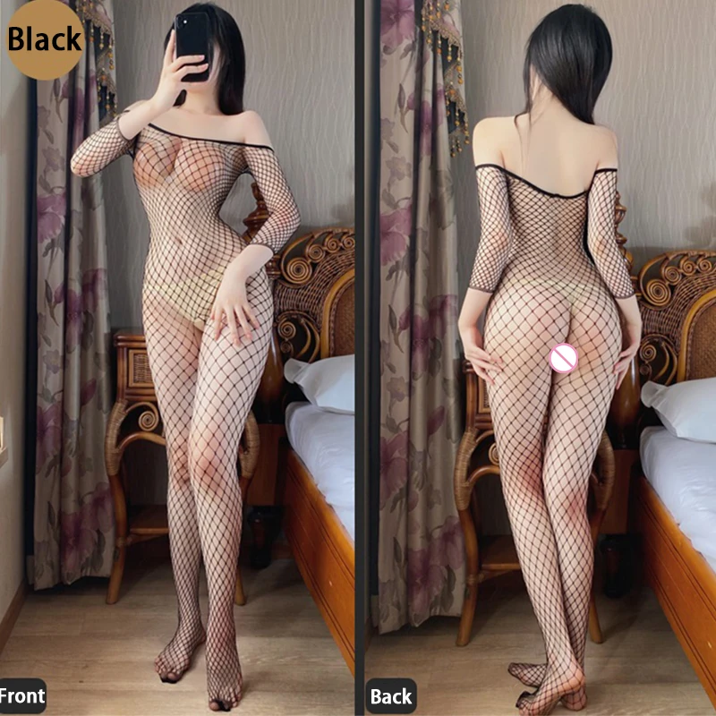 Sexy Off Shoulder Full TeddiesPantyhose Fishnet Sheer Teddy Bodysuits Erotic Crotchless Lingerie Women Mesh Hollow Bodystockings