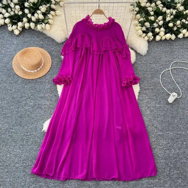 Chic Stringy Selvedge Long Sleeve O Neck Pleated Loose Dress Chiffon A-line Casual Dresses Korean Fashion Women Elegant Vestidos