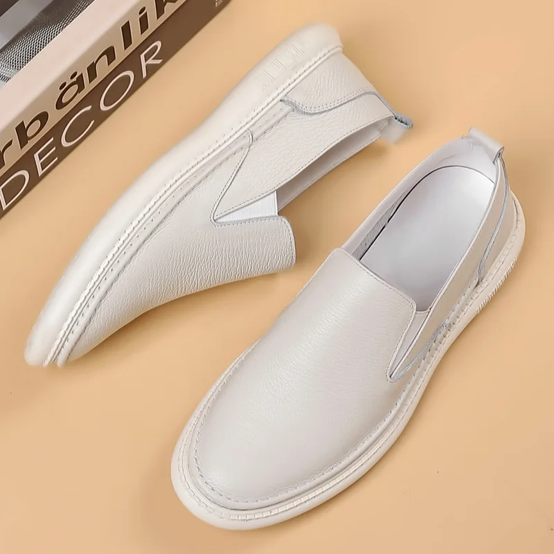 

Top layer cowhide 2025 summer new men's leather shoes, genuine leather men's casual single shoes, white breathable men's shoes
