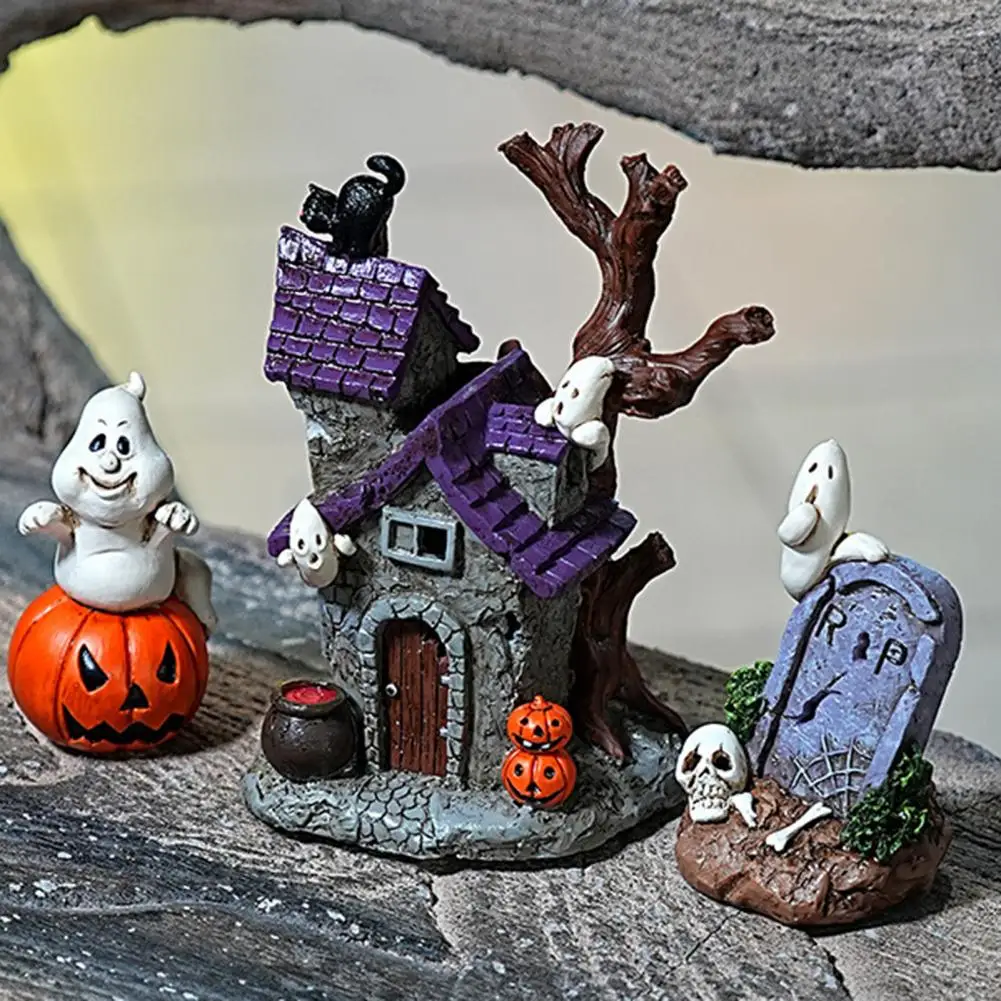 Halloween Elements Decor Halloween Tombstone Ornament Spooky Halloween Resin Ornament Set with Haunted House Demon for Party