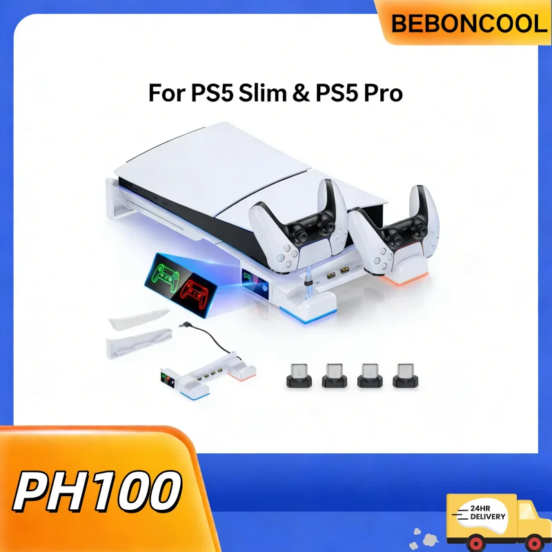 

BEBONCOOL PH100 для PS5 Pro/Slim (цифровая/дисковая версия) — горизонтальная зарядная подставка с подсветкой, подходит для аксессуаров PS5.