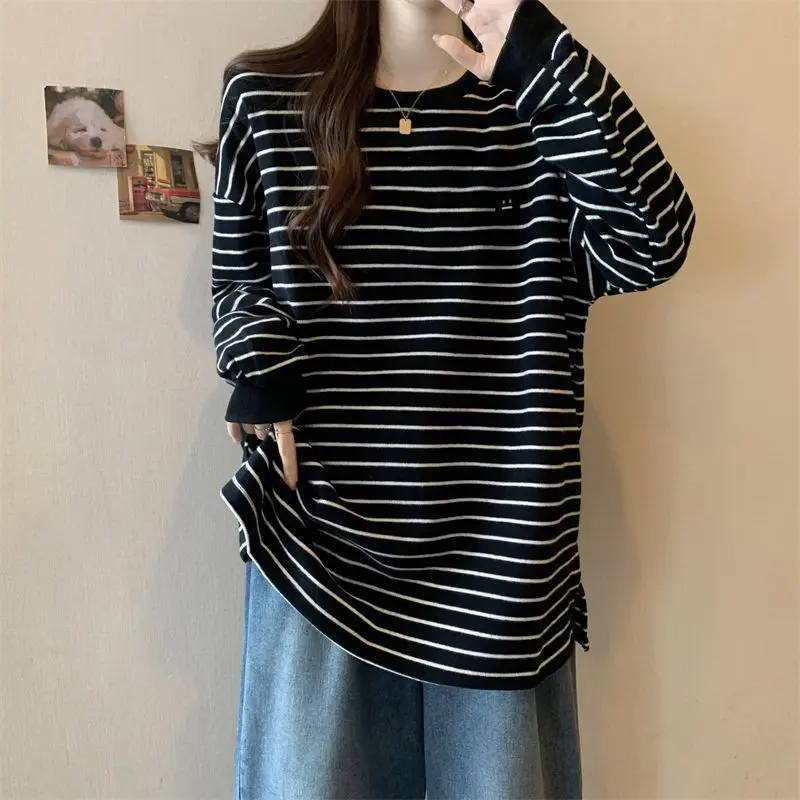 Striped All-match Youth T Shirts Autumn Winter New O-neck Long Sleeve Loose Street Casual Tops Korean Fashion Women Clothing