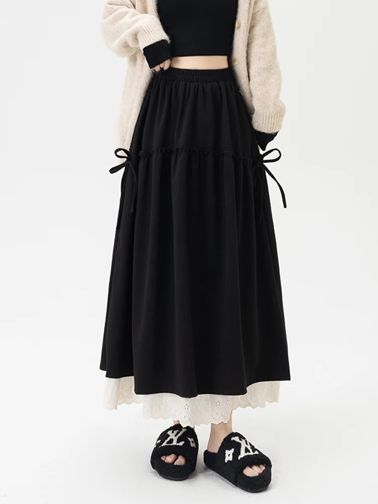 Saia Bla de Cintura Alta em A com Painéis de Renda e Cinto Primavera 2026 Moda Feminina Ciwalk Ajuste Solto com Zíper