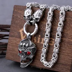 Stainless Steel Red Eye Skull Pendant with Skull Square Chain Necklace Men's Fashion Pendant Necklace Hip Hop Male Jewelry Gift