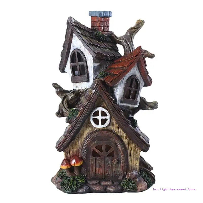 

C63E Mini Fairy House Statue Double Layer Resin Figurine Crafts Decor