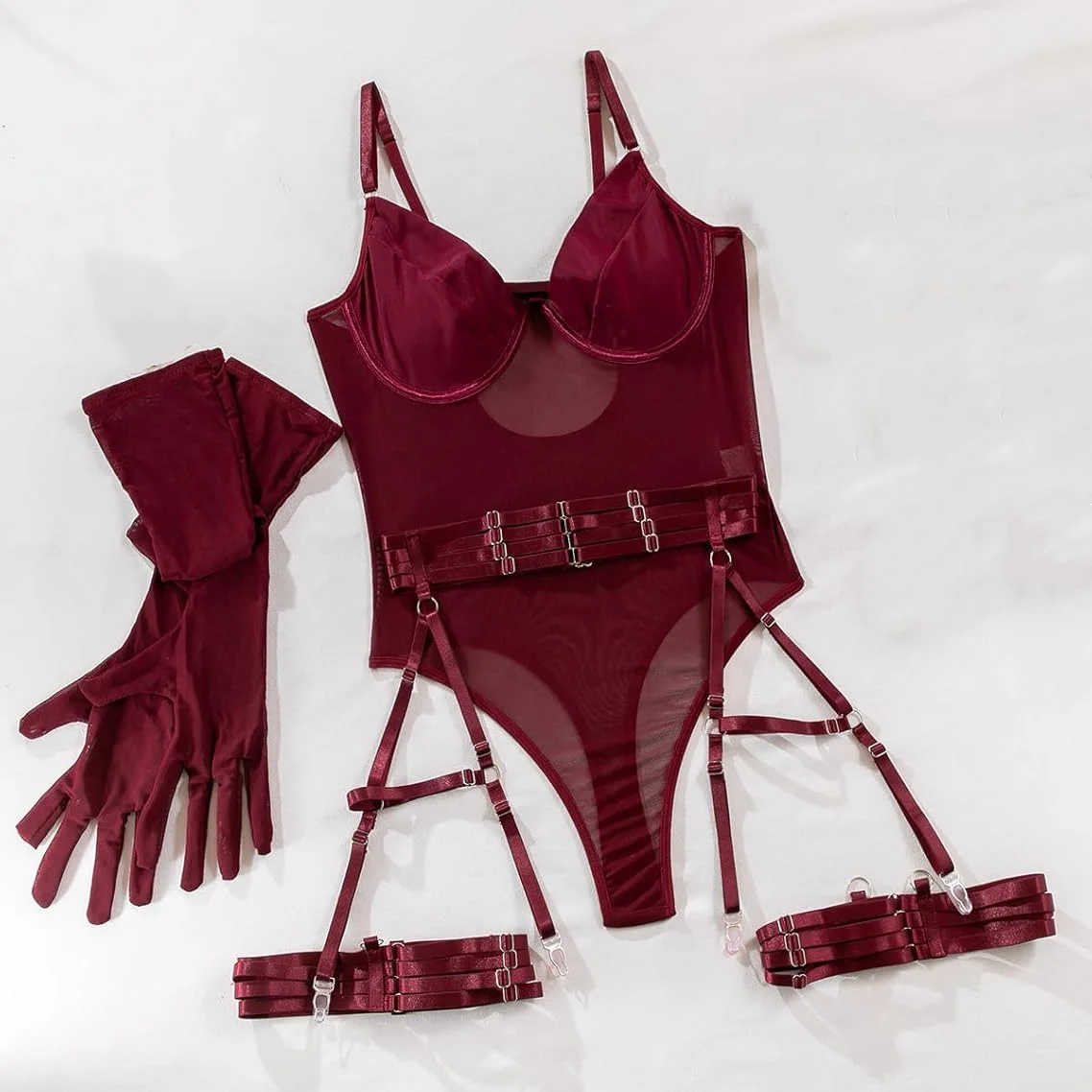 

Sexy Women Corset Lace Mesh Underwear Bodysuit Transparent Adult Party Costume Lace Bodysuit with Gloves Crotchless Set
