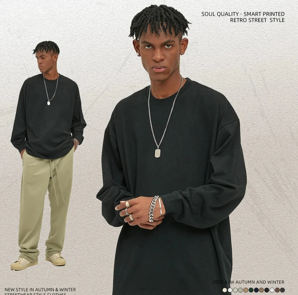 

Autumn Men 100% Cotton T Shirt Unisex Loose Heavy Weight Basic Long Sleeve Solid T-Shirts Tops