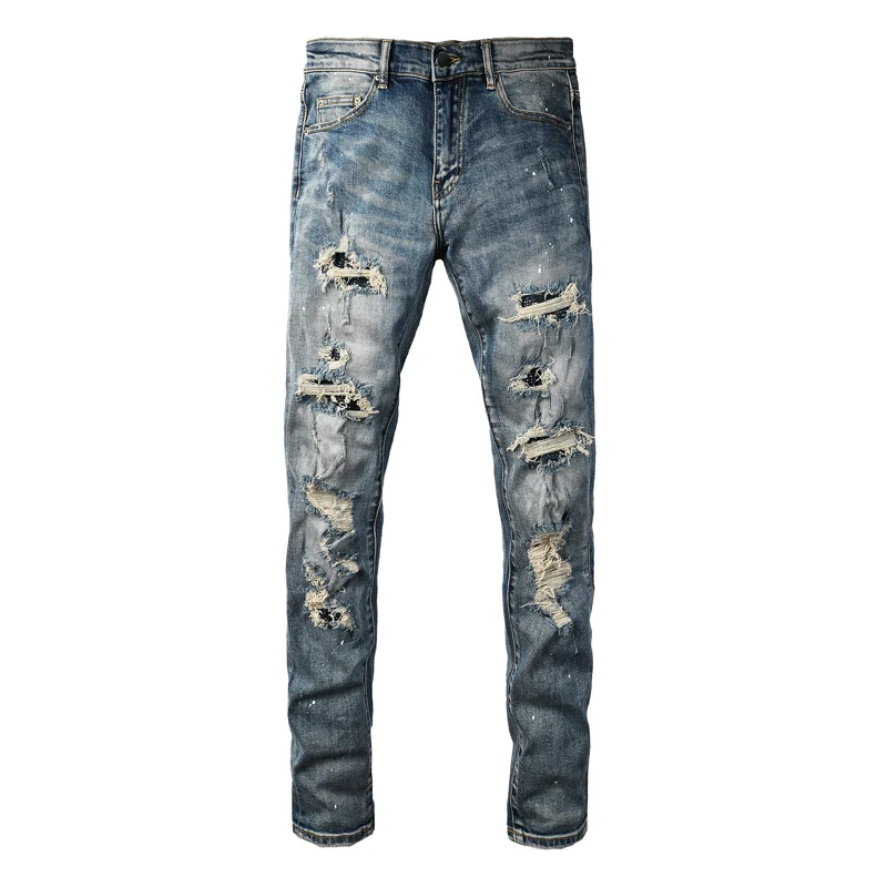 

Y2K Street Designer Fashion Men Jeans Retro Blue Stretch Slim Fit Ripped Jeans Men Beading Patched Brand Hip Hop Denim Pants