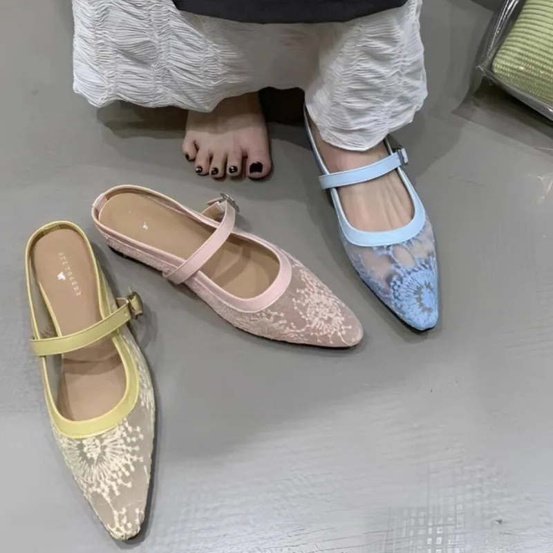 

Сексуальные полутапочки с острым носком для женщин, новинка лета 2023 г., женские сандалии с кружевной мягкой подошвой, нескользящие сандалии размера 35–42