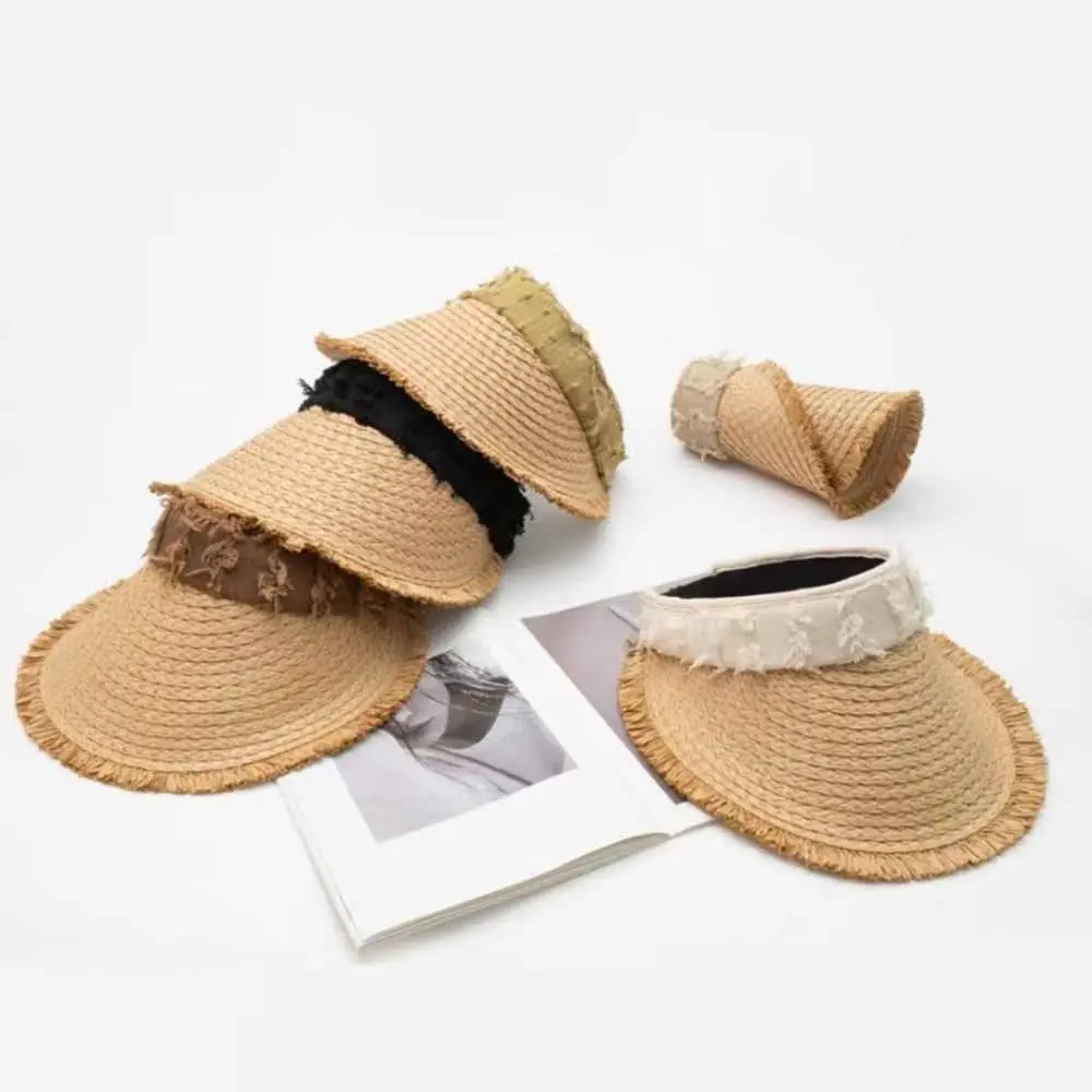 UV Protection Empty Top Straw Hat Hollow Woven Straw Sunscreen Hat Lightweight Empty Top Folding Sunshade Hat Summer Outdoor