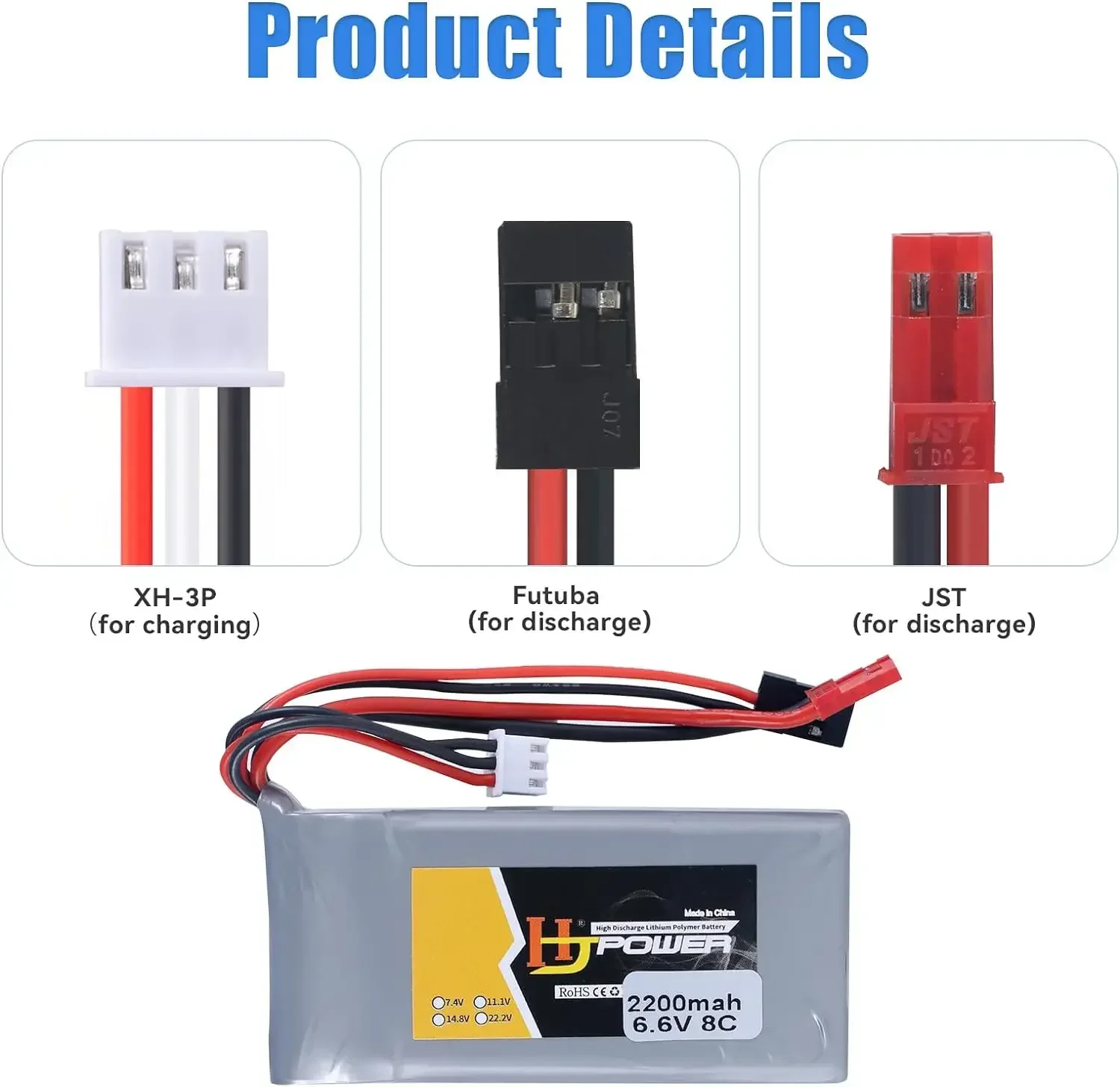 6.6V 8C 2200mAh LiFePO4 Battery for RC Receiver 18SZ 14SG 10J T8J T6J 7PX 4PX 4PV 4PLS 4PK 3PV T4PM with Futaba and JST Plug