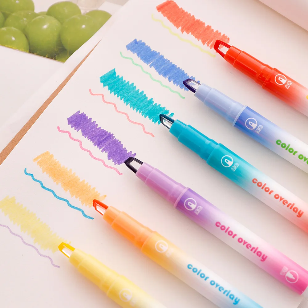 6Pcs/Box Overlay Highlighter Pens Dual Tip 12 Colors Visual Window Eye‑caring Marker Pen Student Note Marking School Stationery
