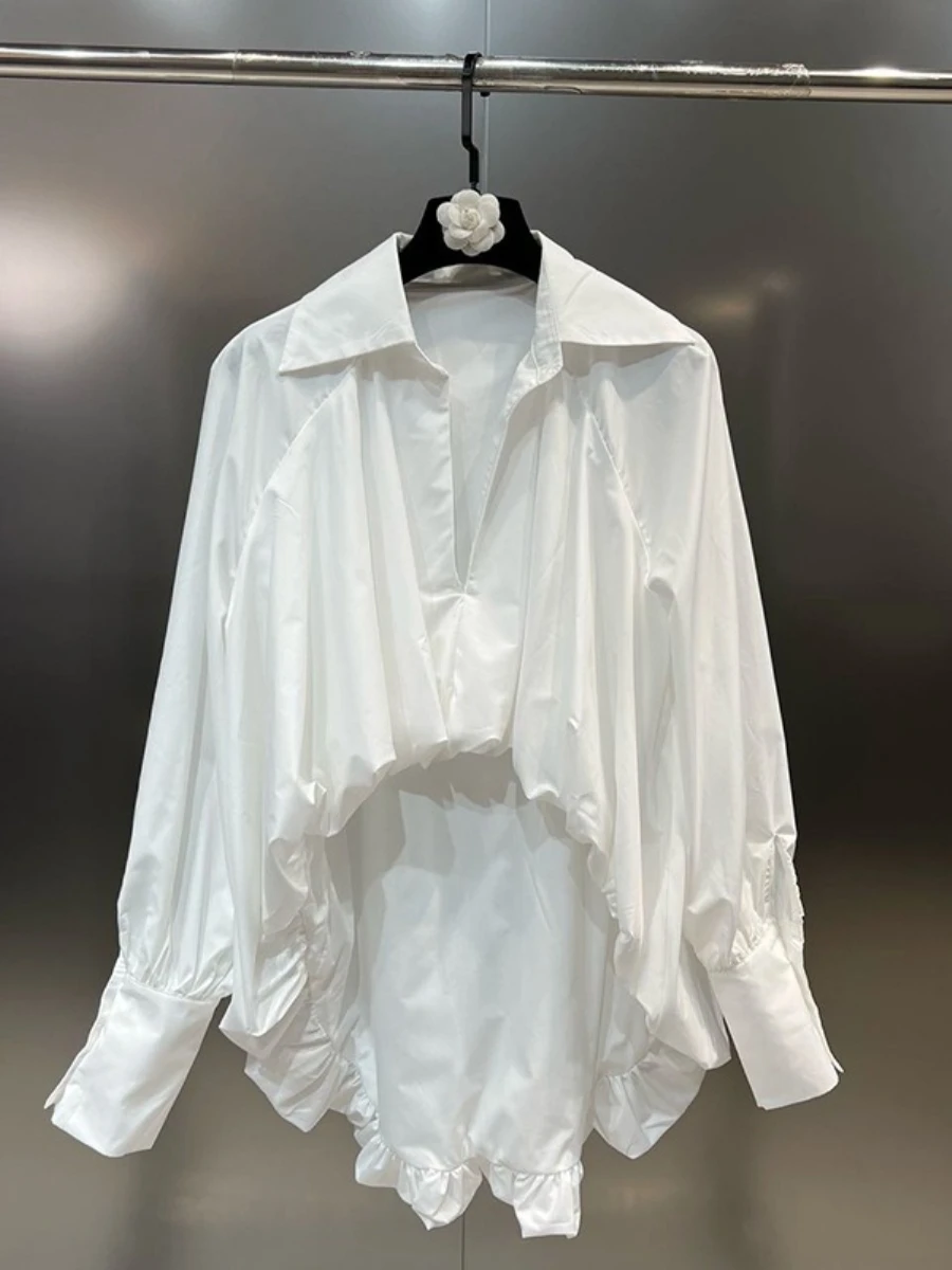 GALCAUR Solido Pieghe Impiombate Camicia Nozioni di Base Risvolto Femminile Manica Lunga Allentato Irregolare Casual Camicie da Donna Autunno Nuovo Stile di Moda