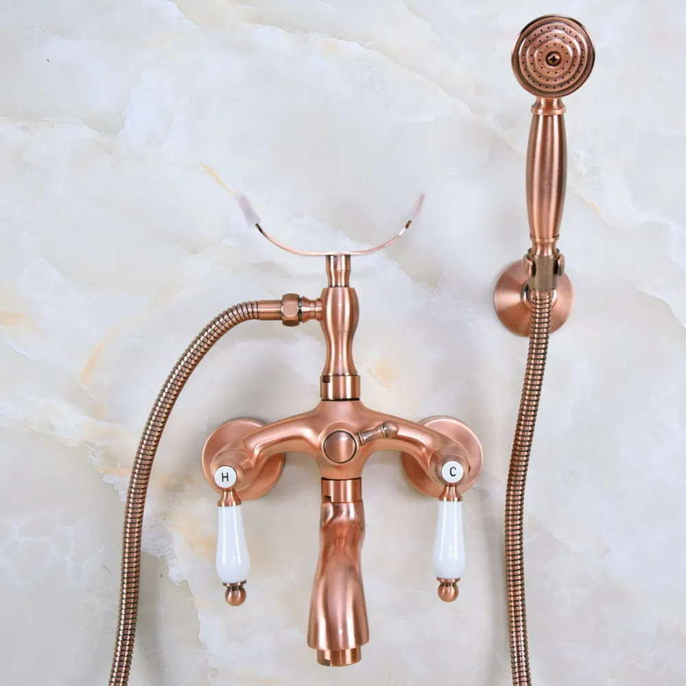 

Antique Red Copper Double Handle Wall Mounted Bathroom Bath Tub Faucet Set with 150CM Hand Held Shower Spray Mixer Tap 2na364