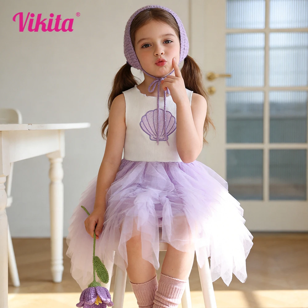 

Kids Knitted Mesh Tulle Patchwork Summer Vestidos Girls Purple Shell Embroidery Layered Fluffy Wedding Party Fairy Elegant Dress