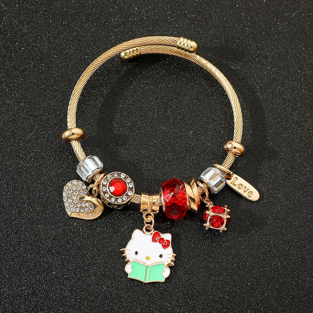 Sanrio Hello Kitty Cute Red Crystal Charm Bracelet for Women Gold Color Heart Bead Fashion Jewelry Gift for Girls