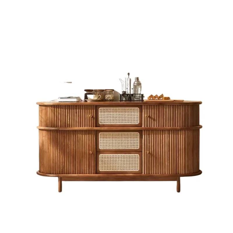 Nordic solid wood dining side cabinet rattan Japanese retro small apartment locker storage porch side cabinet