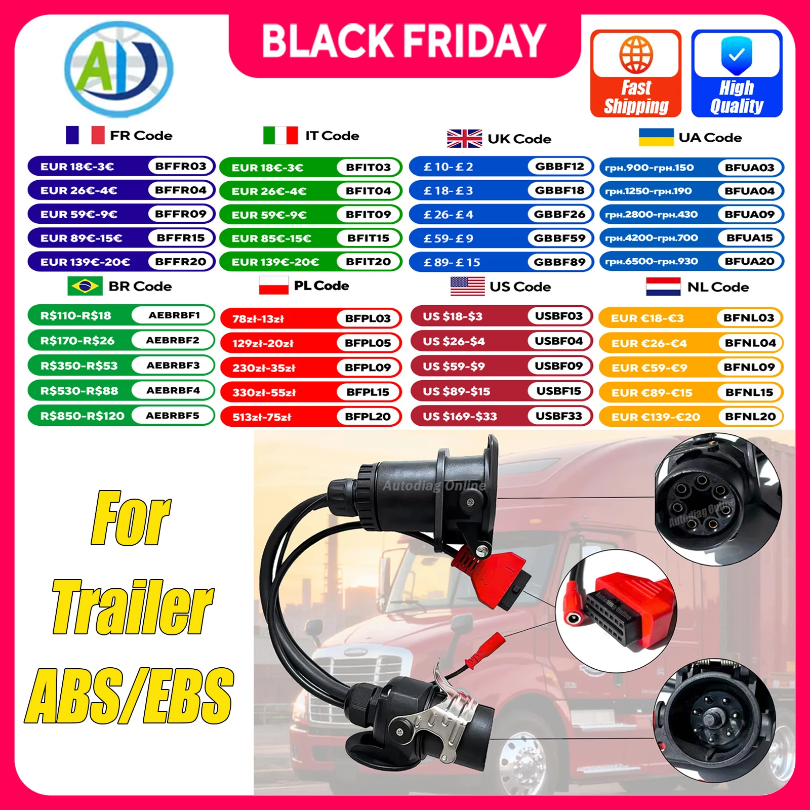 ISO 7638 للمقطورة ABS EBS Obd محول التشخيص لـ Autel/Autocom/LUANCH الماسح الضوئي لشاحنة Bosch/Wabco كابل التشخيص Obd2 #1