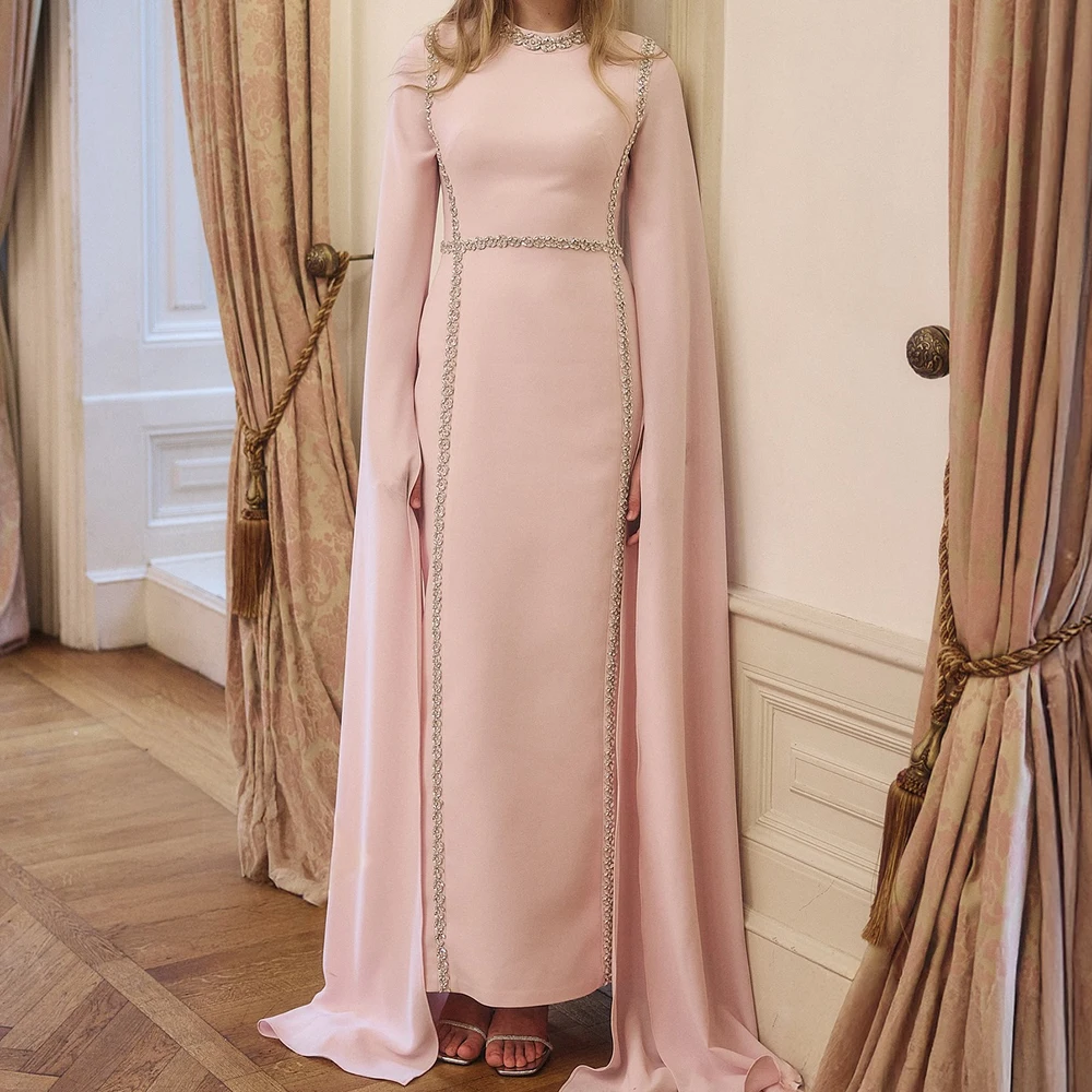 

Customized Straight Evening Dresses Floor-length O-neck Full Sleeve Prom Gown Simple Fashion Crystal Draped Exquisite Party Gown