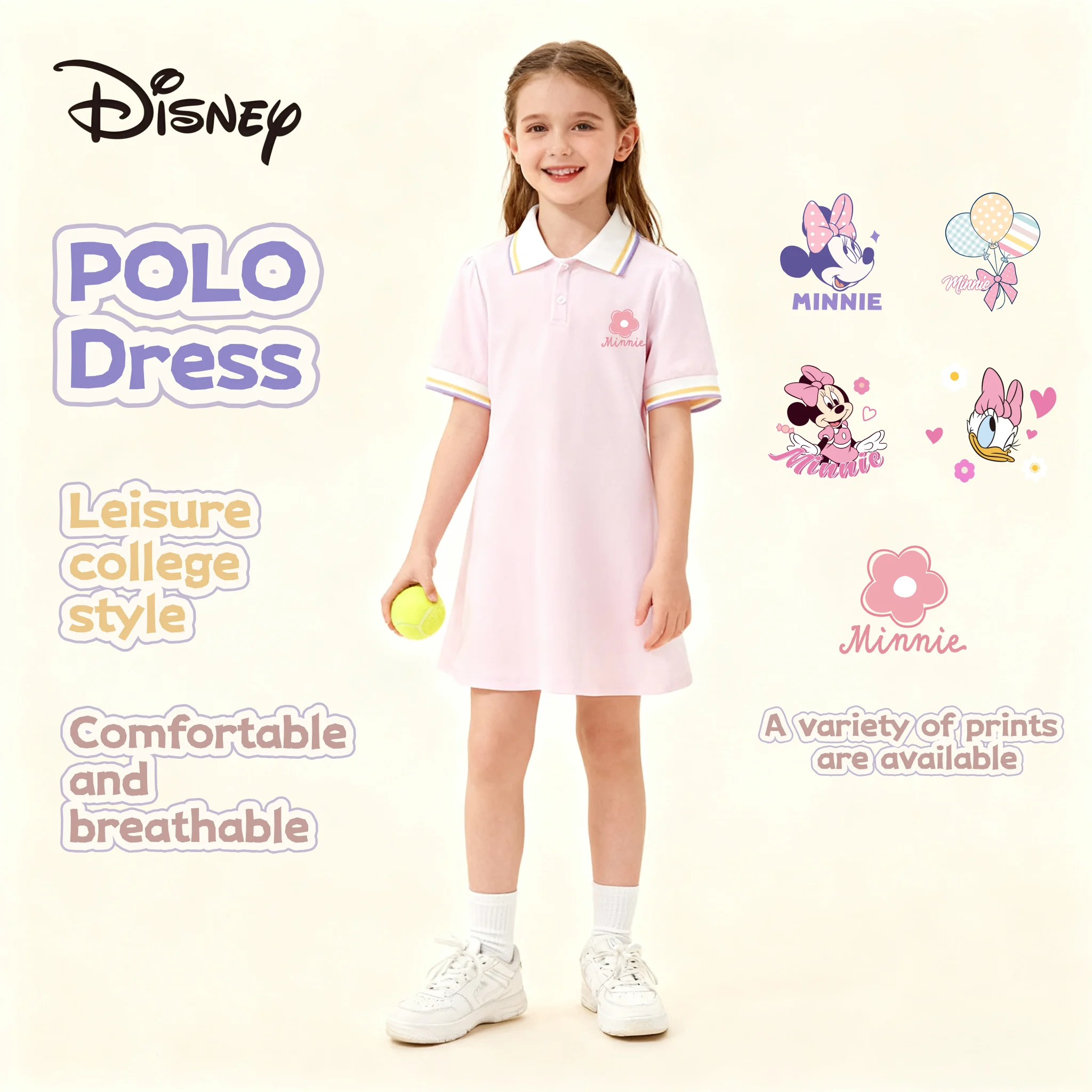 

Disney Kids POLO Dress Minnie Pattern Girls Sporty Dress Knee-length Preppy Style Stylish Dress Lightweight Breathable Dress