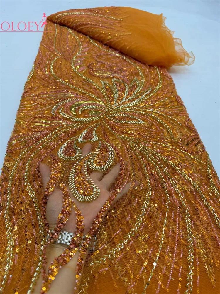

OLOEY Wholesale African Heavy Beaded Lace Fabric, Nigerian Sequins Groom Fabric, Wedding Party Dress, High Quality, 5 Yards