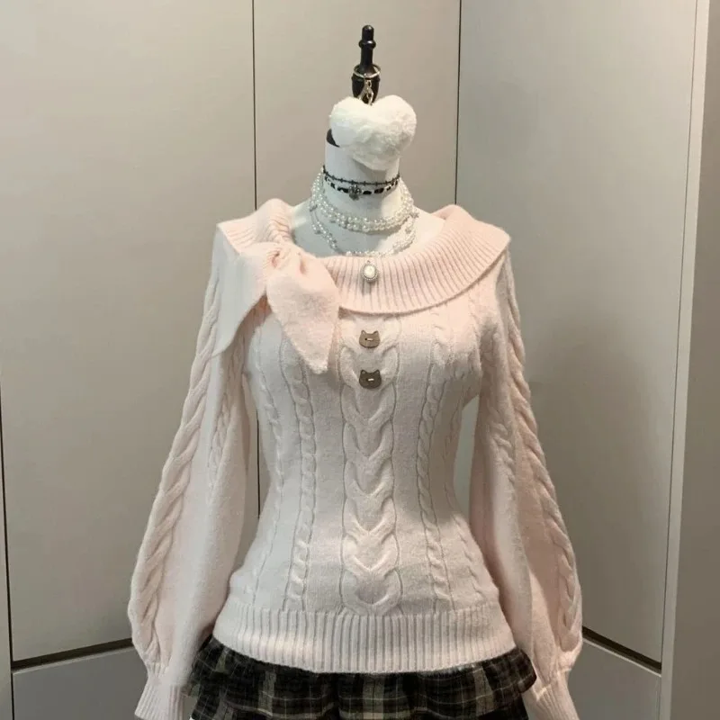 Sweet Streetwear Knitted Cardigan Women Japanese Style Y2k Harajuku Solid Elegant Sweater Bow Sexy Soft Pullover Girl 2024