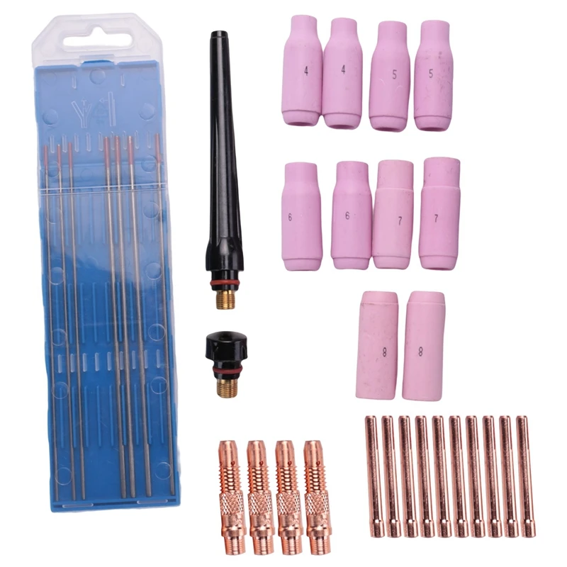 

TIG Welding Accessories Set, Adapter Sleeves+ Housing+ Ceramic Nozzles+ Tungsten Electrodes For WP-26 TIG Welding Torch