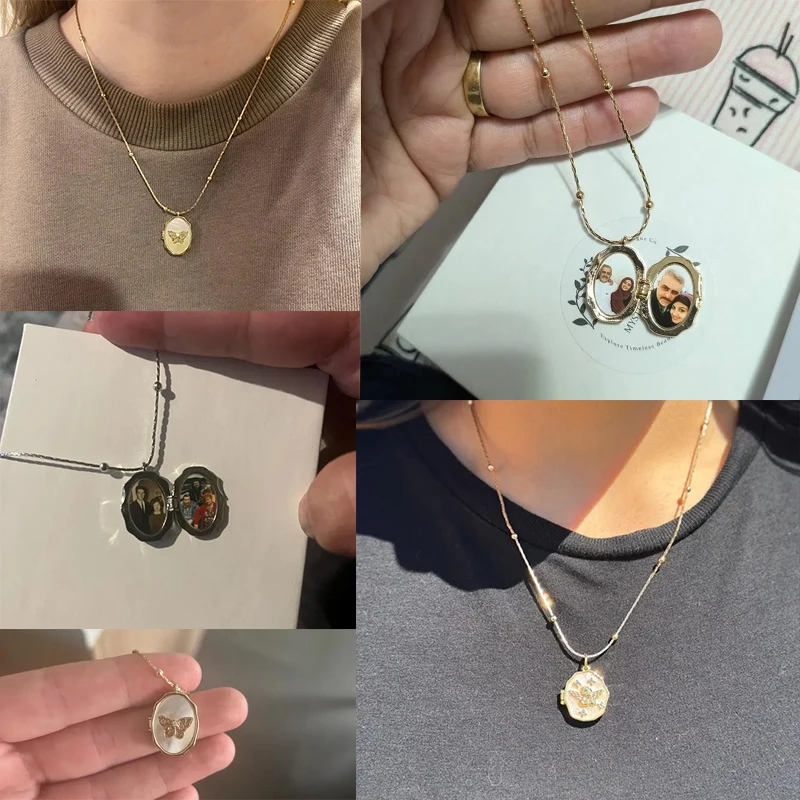 Customized Colorful Photo Locket Necklace for Women Copper Personalized Cross Butterfly Locket Necklace Christmas Jewelry Gift view 6