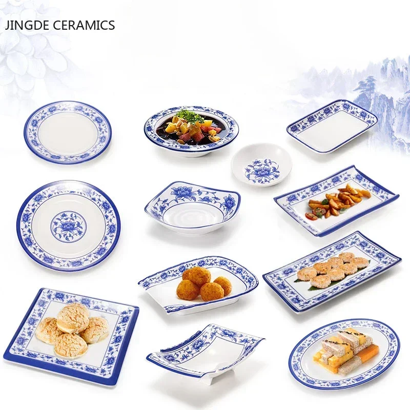 Blue White Dinner Plate Snack Plastic Creative Imitation Hotel Restaurant Sushi Cold Dish Plate Disc bowl kitchen tableware