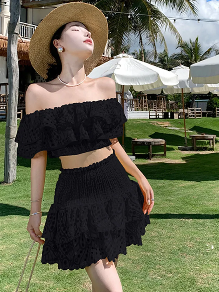 SMTHMA New Fashion Summer Two Piece Sets For Women Sexy Slash Neck Short Sleeve Tops High Waist Skirts Set Female Clothing