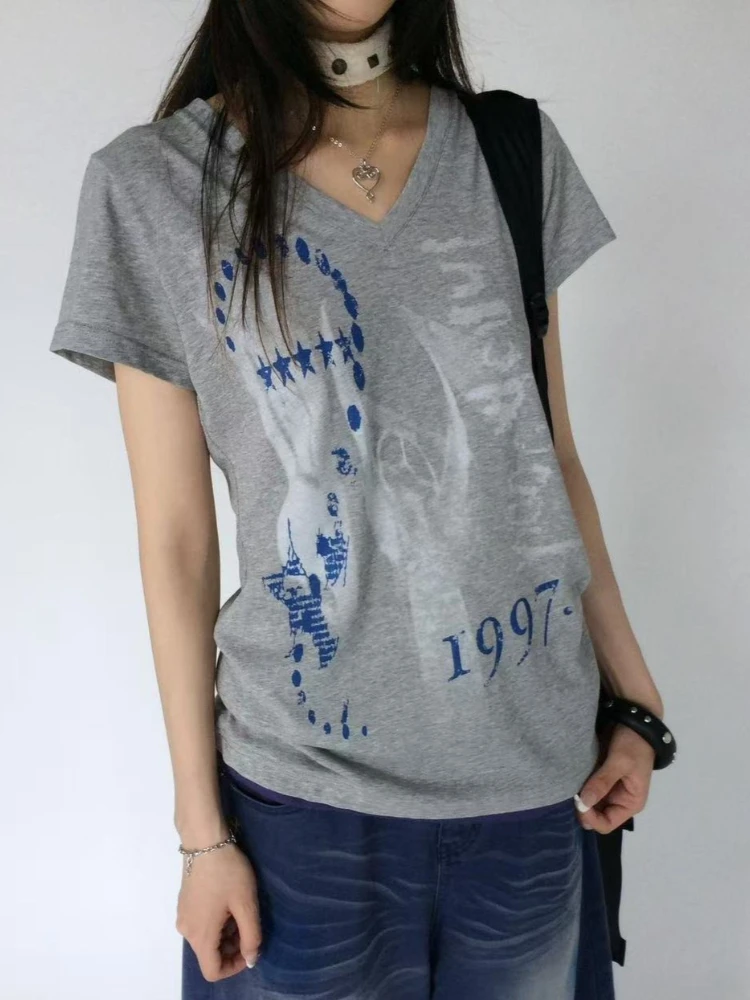 American Vintage Letter Print V Neck Short Sleeveless Y2k Contrast Color Korean Women Clothing