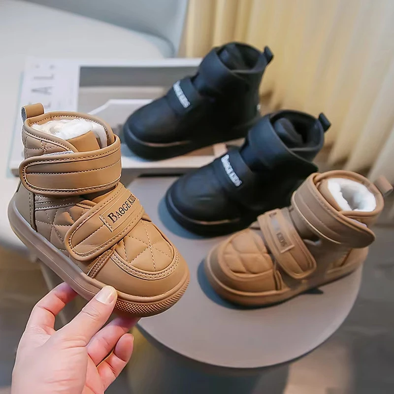 

Нескользящие детские зимние ботинки, модные детские зимние ботинки из искусственной кожи, теплая зимняя обувь на резиновой подошве с плюшевой подкладкой для девочек и мальчиков