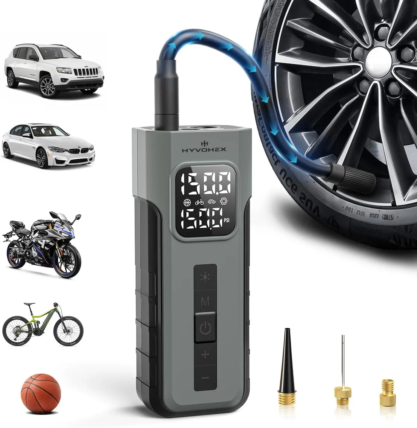 

Portable Tire Inflator 150 PSI Cordless Air Pump with Digital Gauge & LED Light for Car, Bike, Motorcycle, Ball