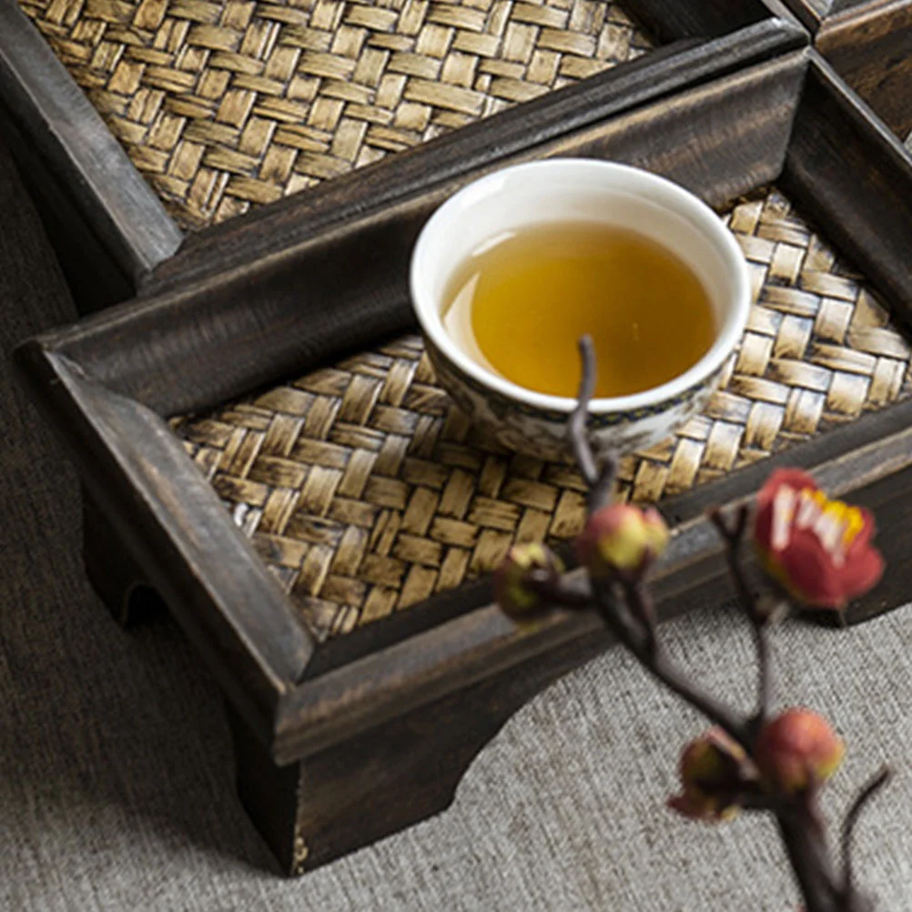 Solid Wood Tea Tray For Serving Food Storage Coffee Mug Snack Water Cup Inside The Bamboo Strips Beauty Salon