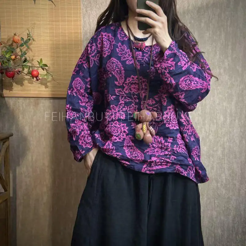 

Новая женская футболка с длинным рукавом и круглым вырезом в стиле арт-кэжуал, весна-лето 2026, свободного кроя, с винтажным цветочным принтом, из хлопка и льна, топы для женщин