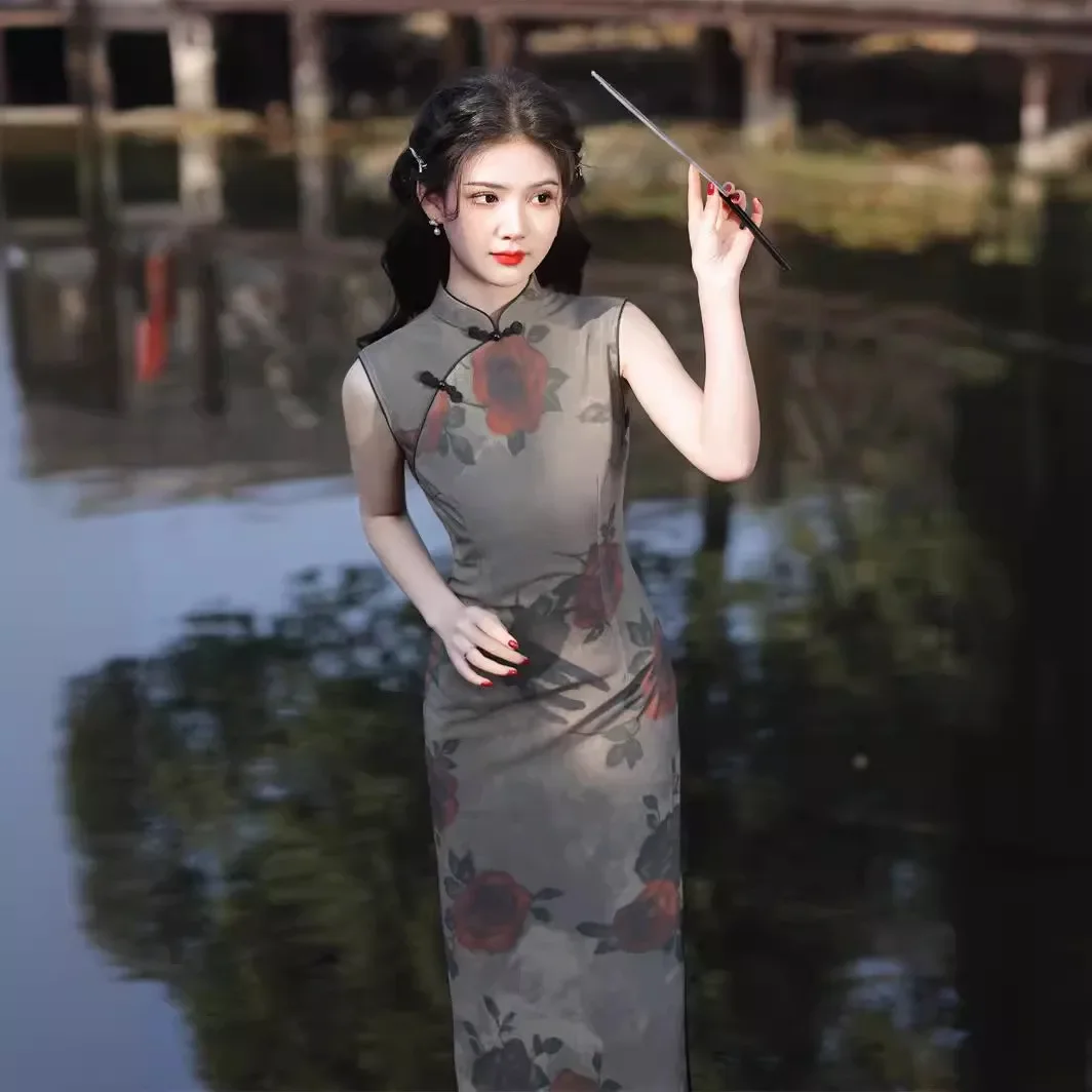 

Тонкий Cheongsam, элегантное Ципао с цветочным принтом, винтажное платье с воротником-стойкой, Vestidos, женское платье в китайском стиле, женское вечернее банкетное платье