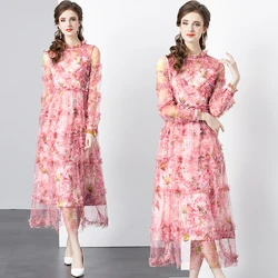 High Quality Ruched Ruffles Mesh Birthday Dress For Women Casual Floral Print A Line Midi Long Dress Elegant Largo Vestidos