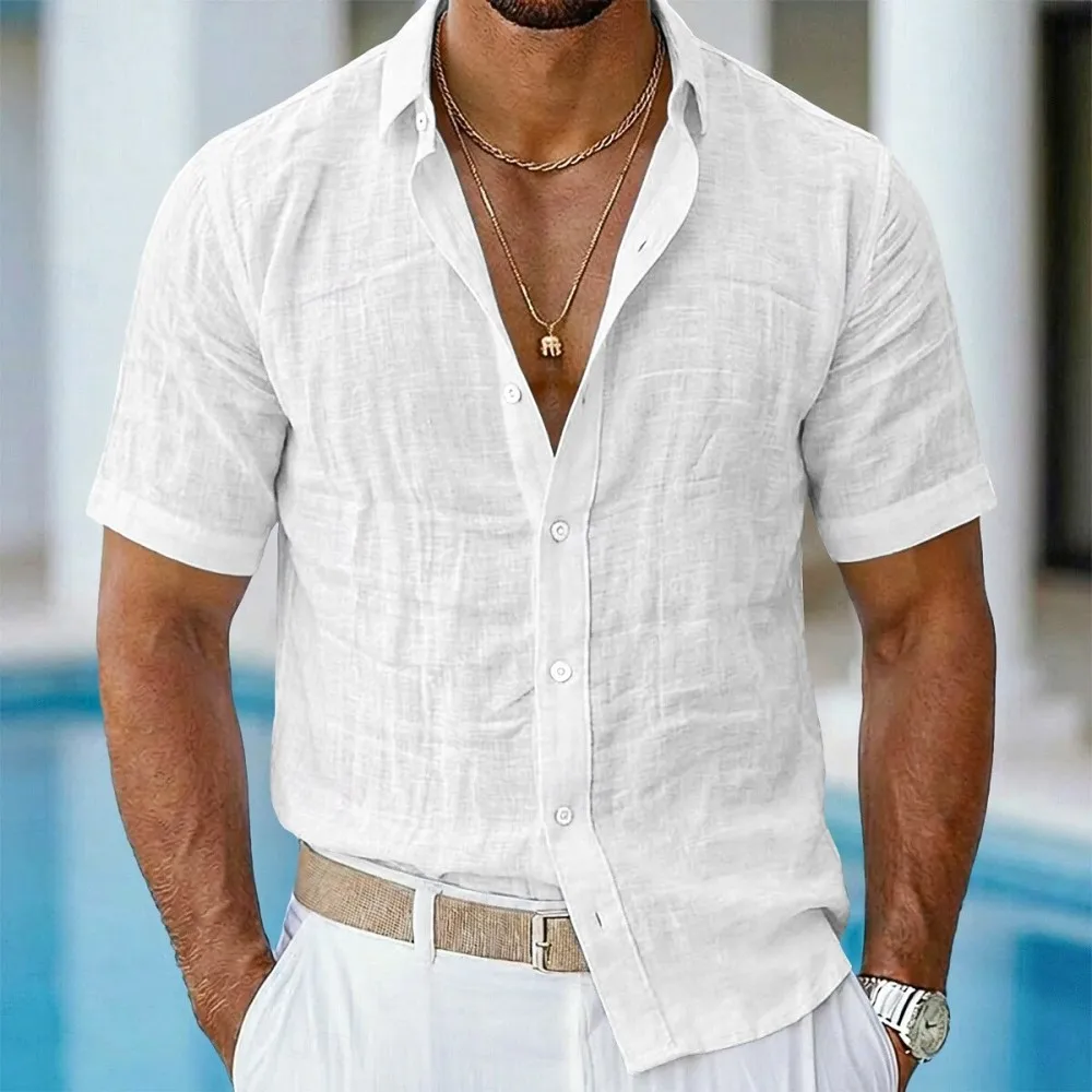 Chemise homme en lin uni à manches courtes, simple et confortable, pour un usage quotidien décontracté, 14 couleurs