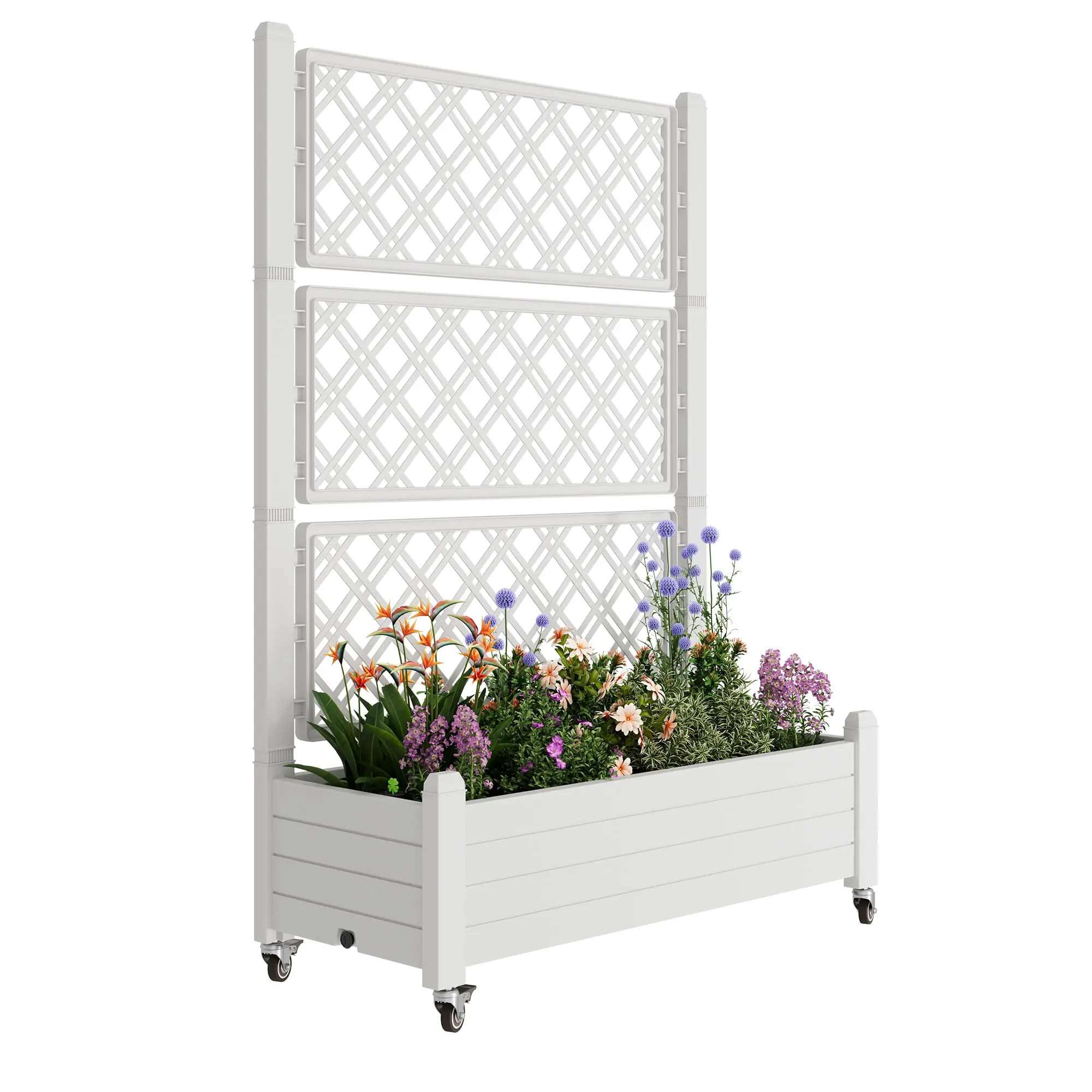 Resin Raised Garden Bed with Trellis and Wheels - Plasitc Planter Box with Trellis Outdoor with Drainage Holes & Water