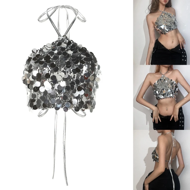 Sexy Halter Tie Backless Camisola das mulheres, Glitter Silver Sequins Top Crop, Clubwear, Drop Shipping