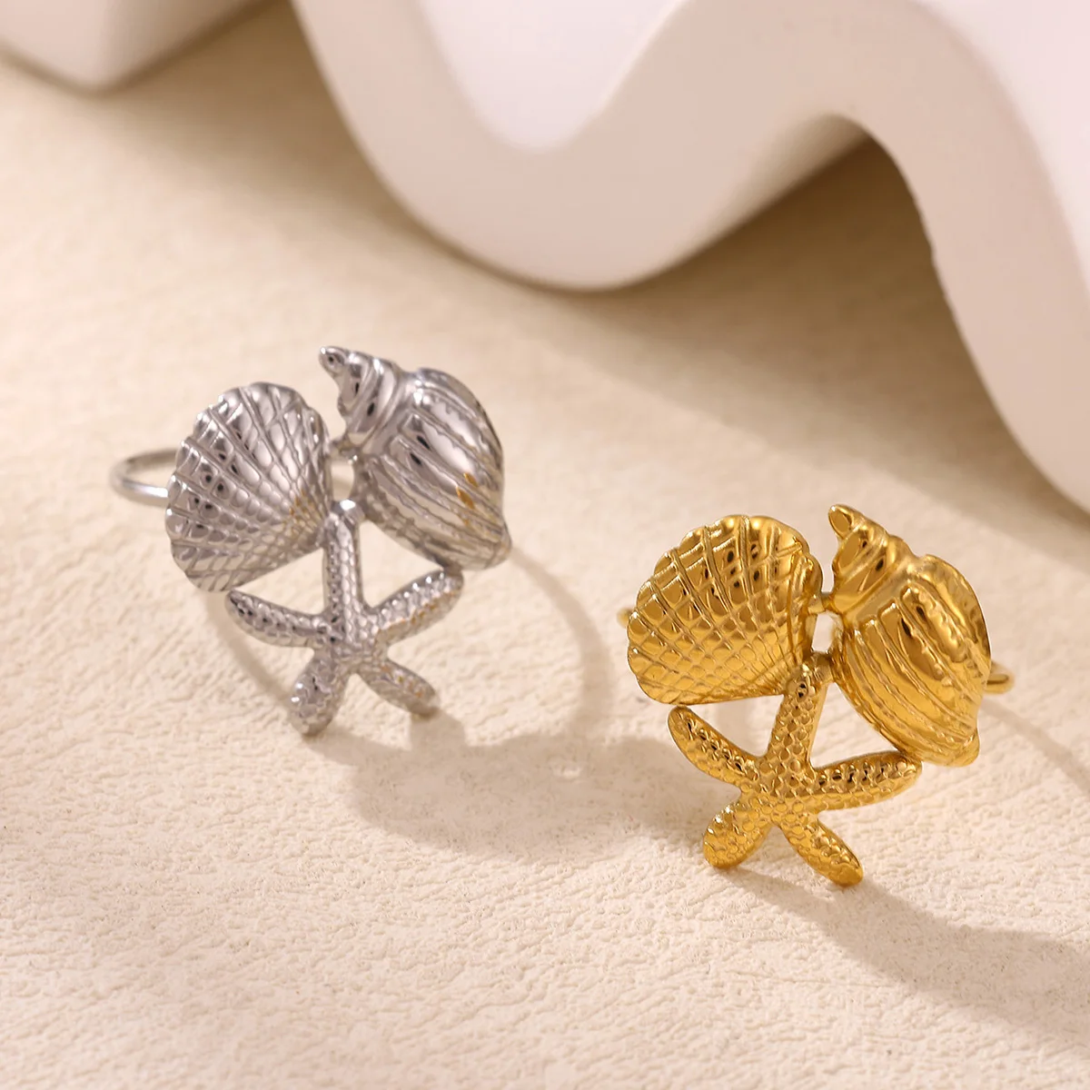 Ozean-Stil Ring für Damen, goldfarben, Edelstahl, Seestern, Muschel, niedliche Ringe, Sommer, Strand, wasserdicht, Schmuck, Geschenk