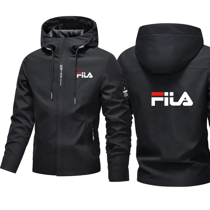 

The men's hooded sport casual jacket features a long-sleeved design, with zippers and multiple pockets.