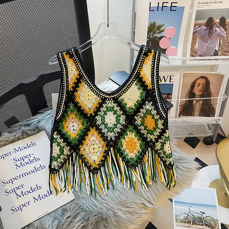   เสื้อกั๊กถักนิตติ้ง Bell Sve ดีไซน์เก๋ แต่งพู่ห้อย สายคล้องคอ สำหรับใส่คลุมชุดในวันหยุดฤดูร้อน