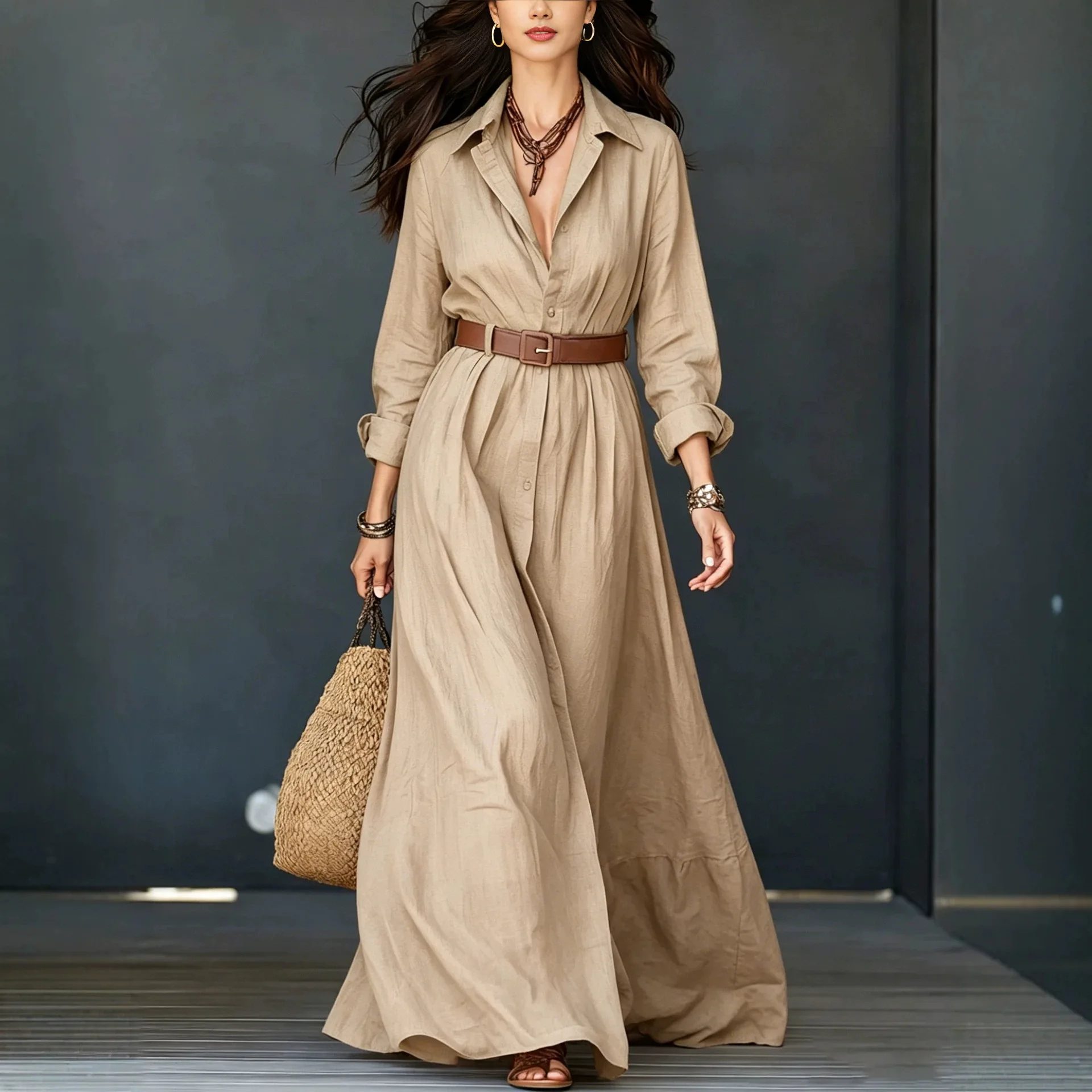 New Women's Shirt Collar Long Sleeve Maxi Dress With Belt Trendy Versatile Daily Wear Stylish Elegant Loose Waist Tie Long Dress