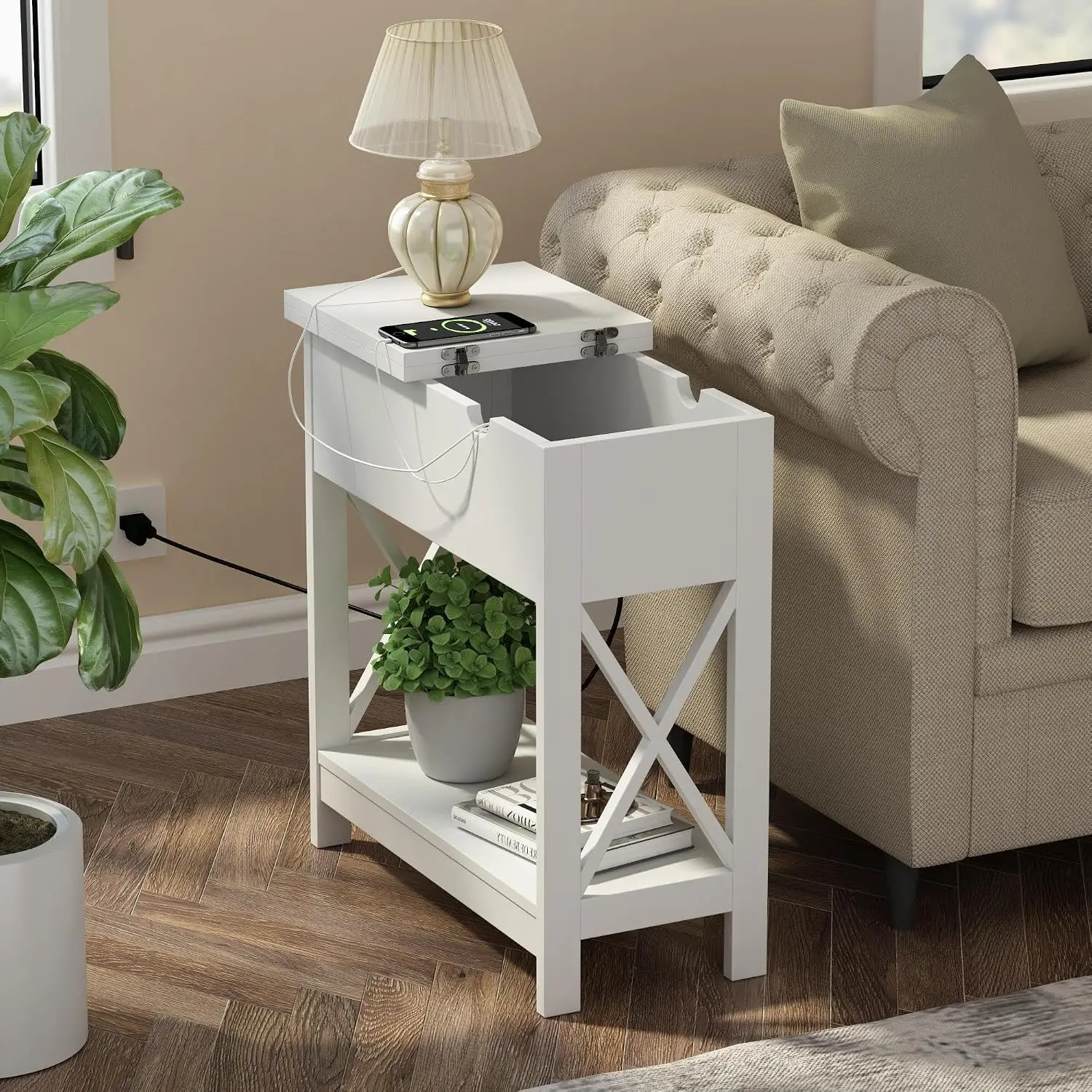 ChooChoo End Table with Charging Station, Narrow Flip Top Side Table with USB Ports & Power Outlets for Small Spaces, Nightstand