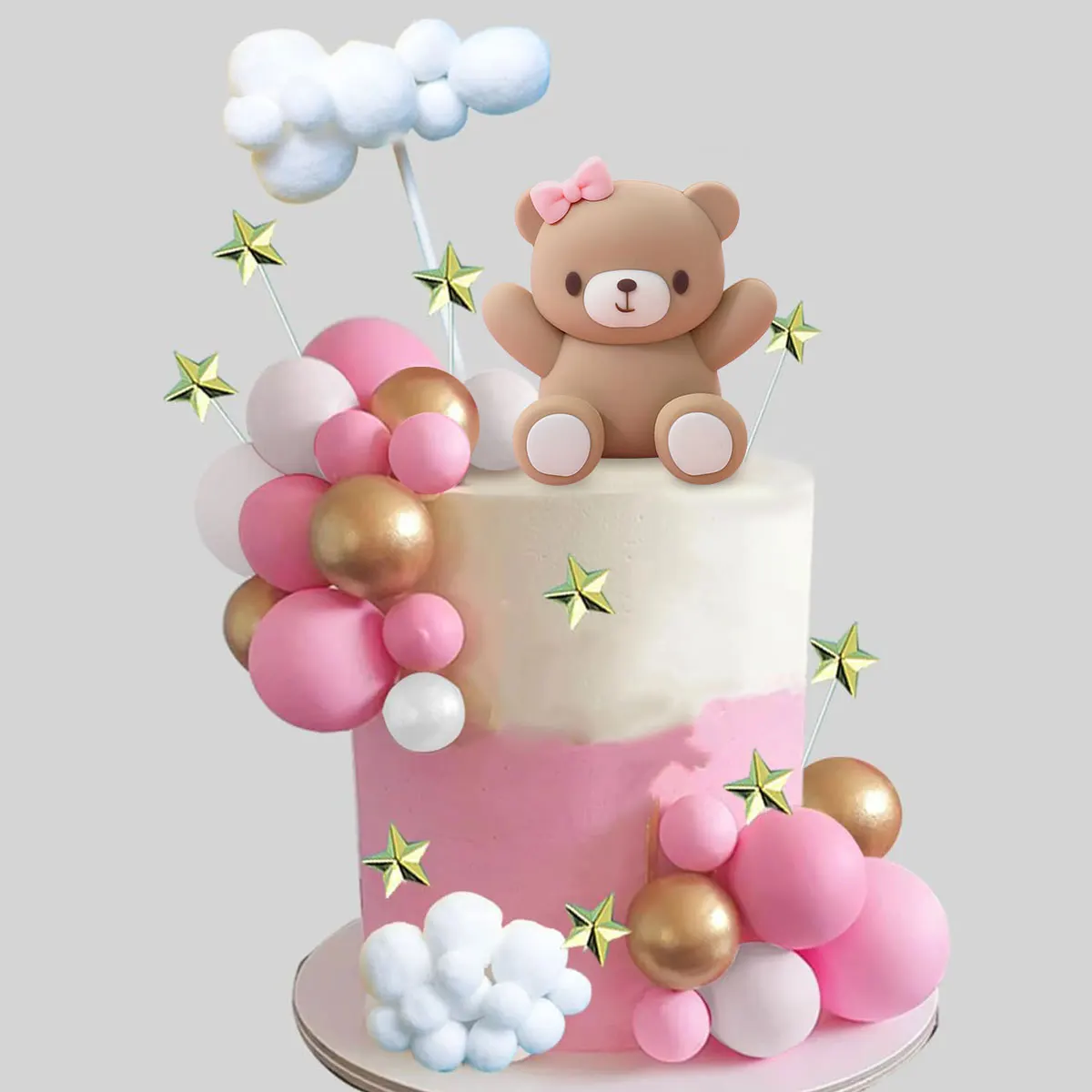 33 Stück rosa Bären-Kuchenaufsätze, Kugeln, Kuchendekorationen mit Sternen, Wolken, Topper für Jungen, Mädchen, Babyparty, Geburtstagsparty-Dekoration