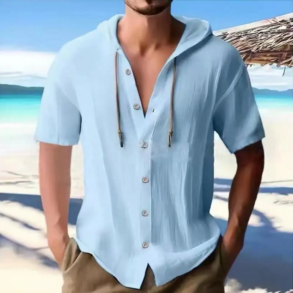 

Casual Short-sleeve Beach Top Stylish Men's Hooded Drawstring Cardigan Lightweight Beach Top for Casual Daily Wear Solid Color